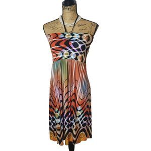 Womens Retro Halter Dress L Vibrant Empire Waist Stretchy Resort Beach Chic